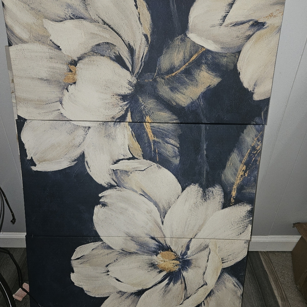 Floral Canvas Wall Art in Blue and Cream